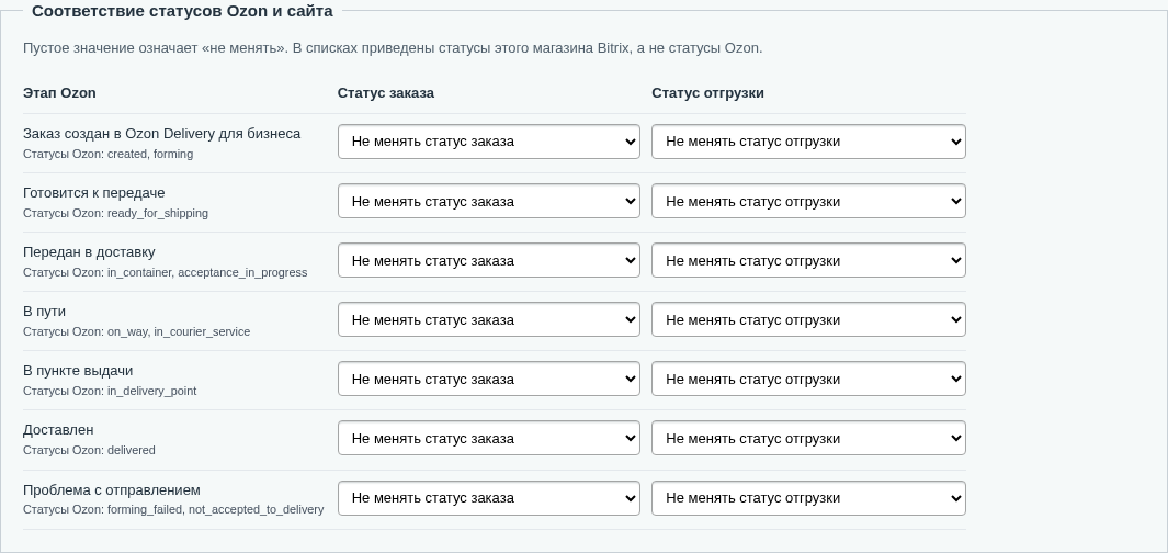 Сопоставление этапов Business со статусами конкретного магазина Bitrix.